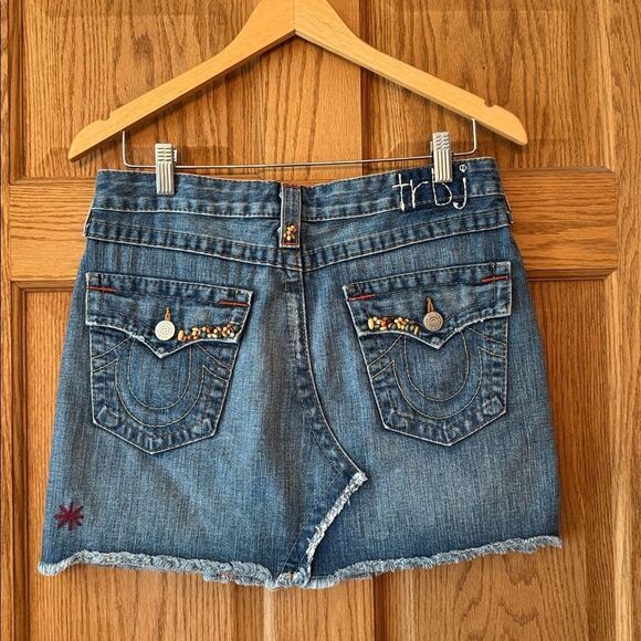 TRUE RELIGION Vintage Y2K Beaded Embroidered Denim Mini Skirt Made In USA - Picture 14 of 15